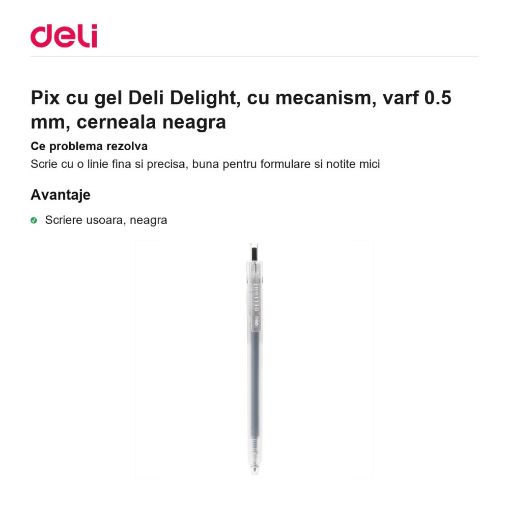 Pix cu gel Deli Delight, cu mecanism, varf 0.5 mm, cerneala neagra [2]