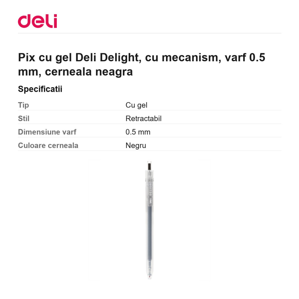 Pix cu gel Deli Delight, cu mecanism, varf 0.5 mm, cerneala neagra [3]