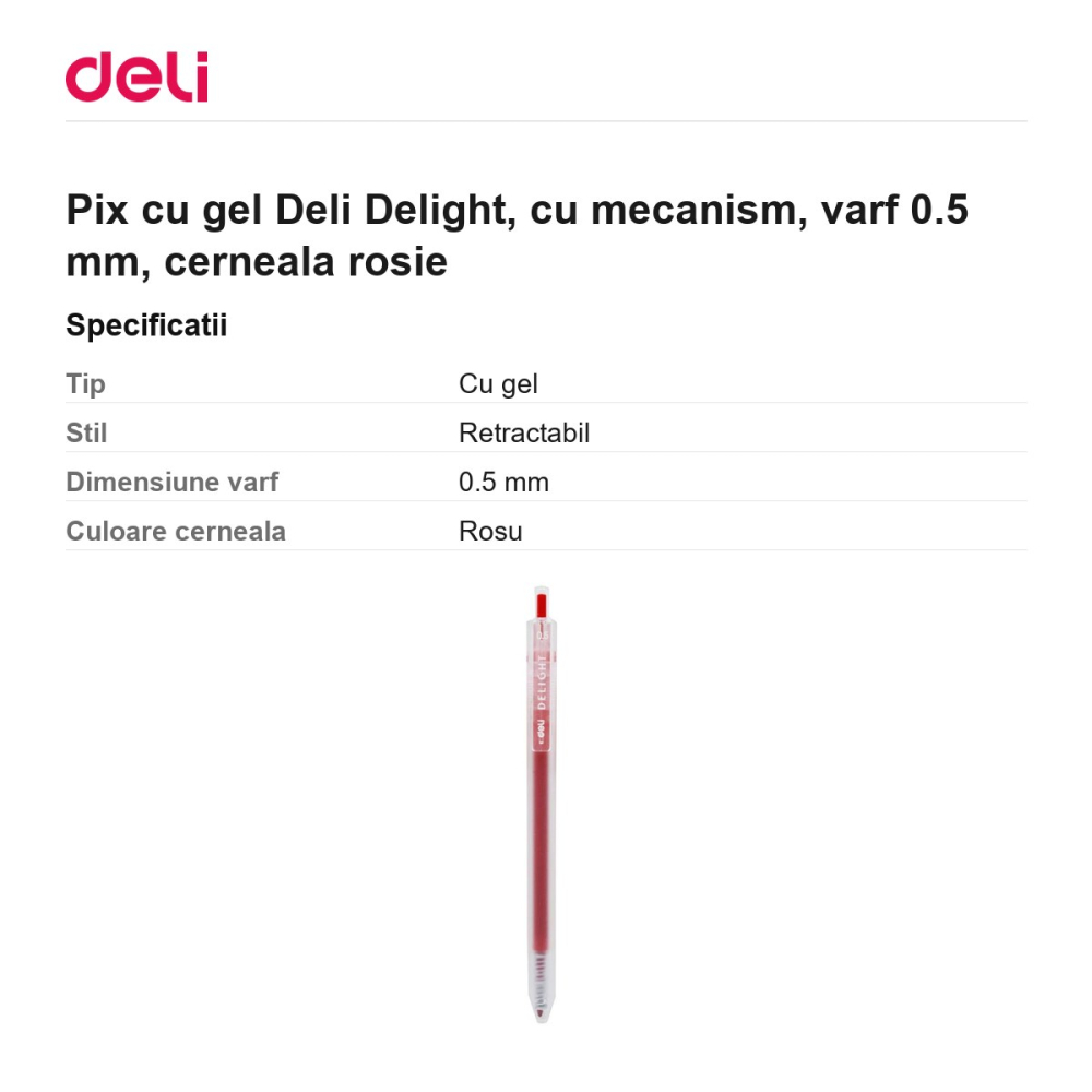 Pix cu gel Deli Delight, cu mecanism, varf 0.5 mm, cerneala rosie [3]