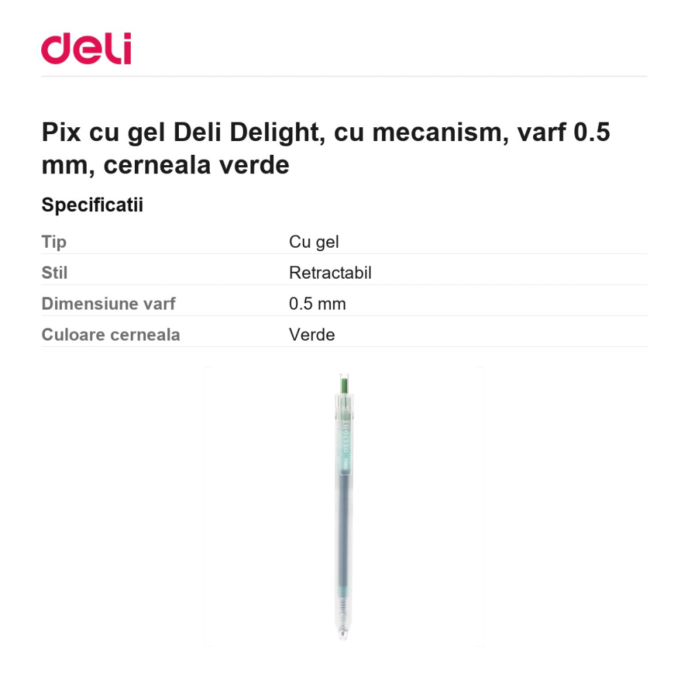 Pix cu gel Deli Delight, cu mecanism, varf 0.5 mm, cerneala verde [3]