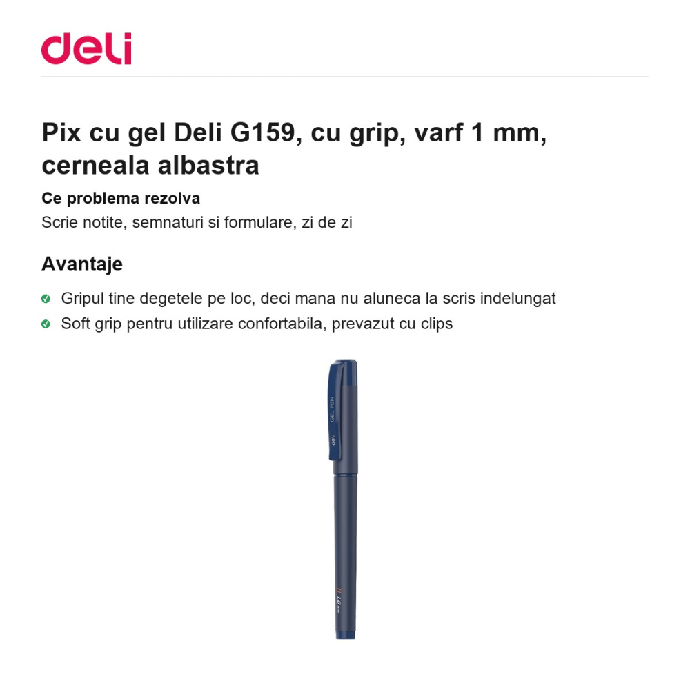 Pix cu gel Deli G159, cu grip, varf 1 mm, cerneala albastra [2]
