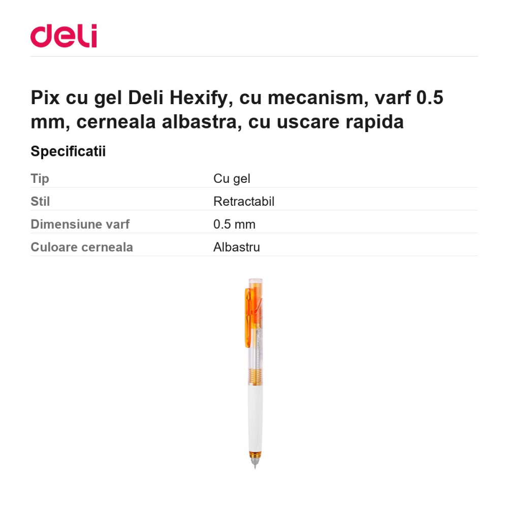 Pix cu gel Deli Hexify, cu mecanism, varf 0.5 mm, cerneala albastra, cu uscare rapida [3]