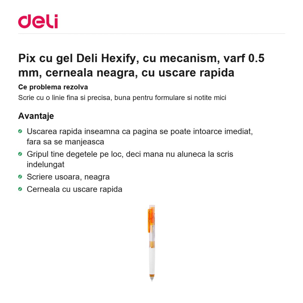 Pix cu gel Deli Hexify, cu mecanism, varf 0.5 mm, cerneala neagra, cu uscare rapida [2]