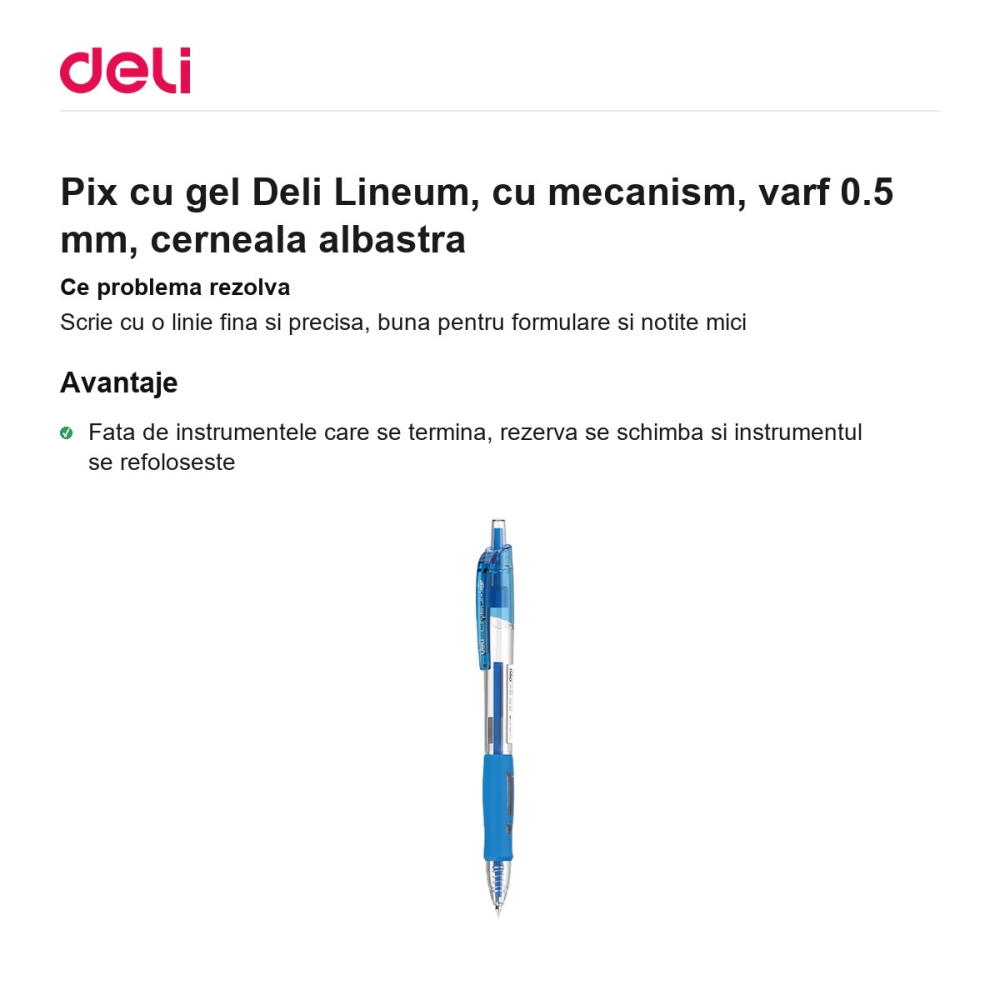 Pix cu gel Deli Lineum, cu mecanism, varf 0.5 mm, cerneala albastra [2]