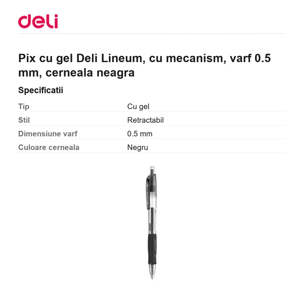 Pix cu gel Deli Lineum, cu mecanism, varf 0.5 mm, cerneala neagra [3]