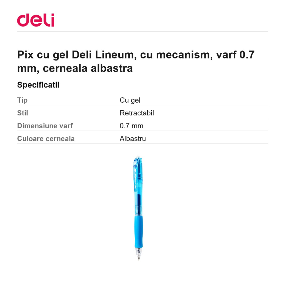 Pix cu gel Deli Lineum, cu mecanism, varf 0.7 mm, cerneala albastra [3]