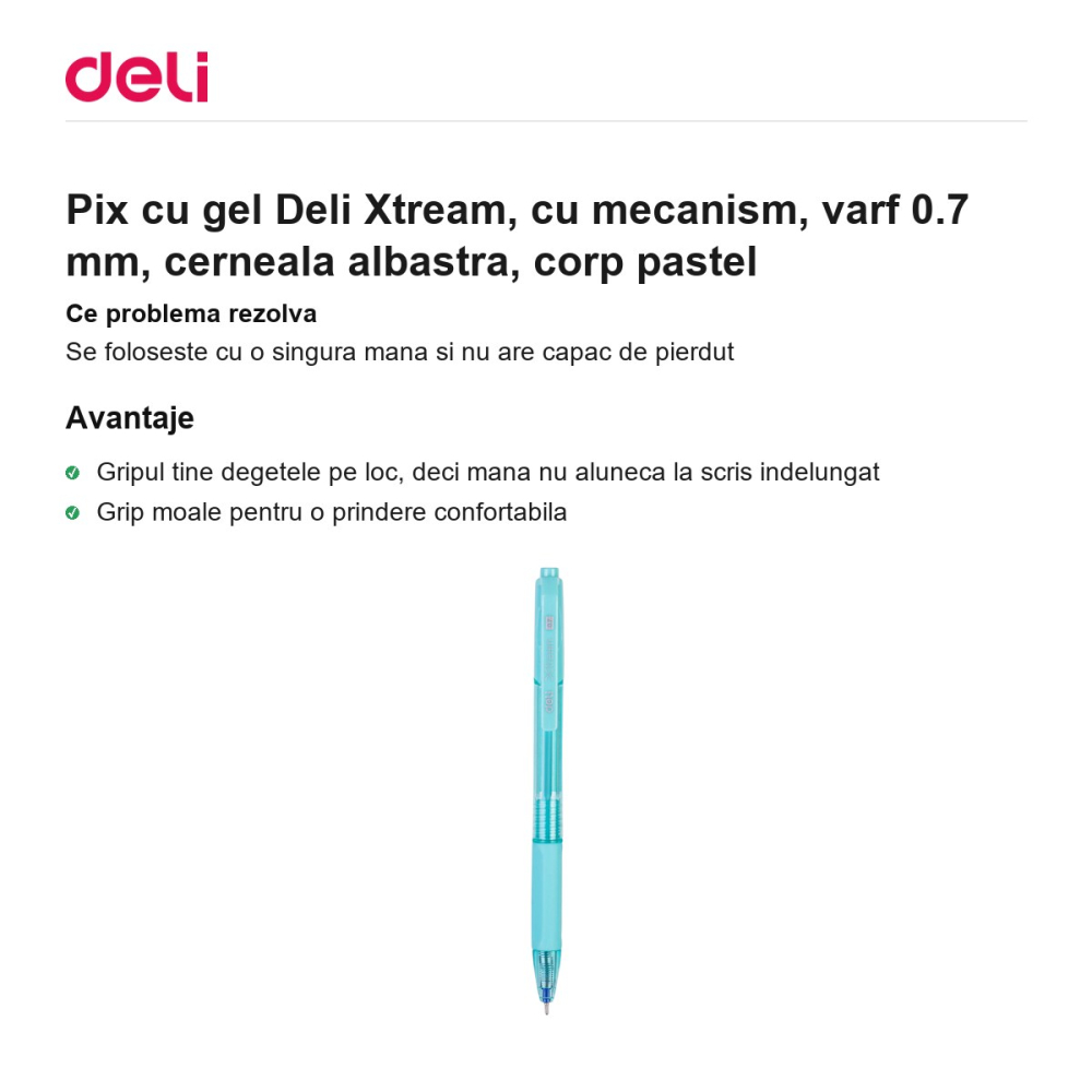 Pix cu gel Deli Xtream, cu mecanism, varf 0.7 mm, cerneala albastra, corp pastel [2]