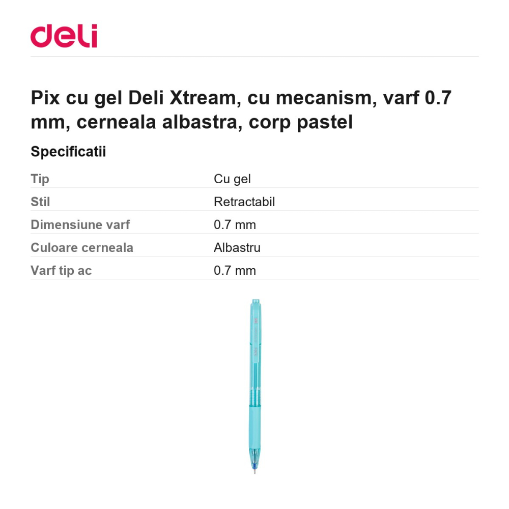 Pix cu gel Deli Xtream, cu mecanism, varf 0.7 mm, cerneala albastra, corp pastel [3]
