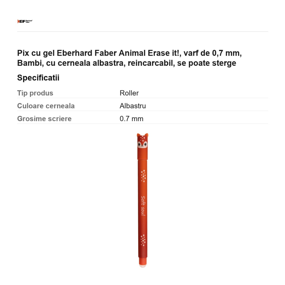 Pix cu gel Eberhard Faber Animal Erase it!, varf de 0,7 mm, Bambi, cu cerneala albastra, reincarcabil, se poate sterge [3]
