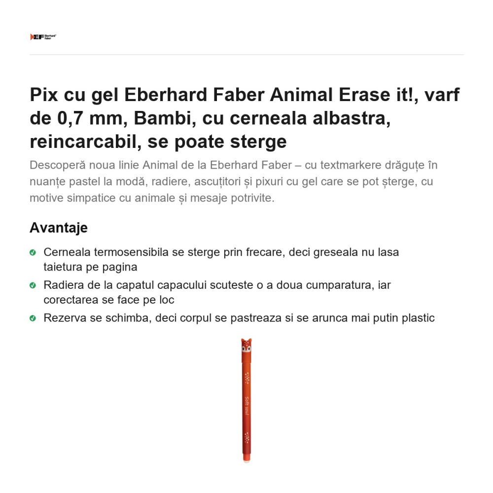 Pix cu gel Eberhard Faber Animal Erase it!, varf de 0,7 mm, Bambi, cu cerneala albastra, reincarcabil, se poate sterge [2]