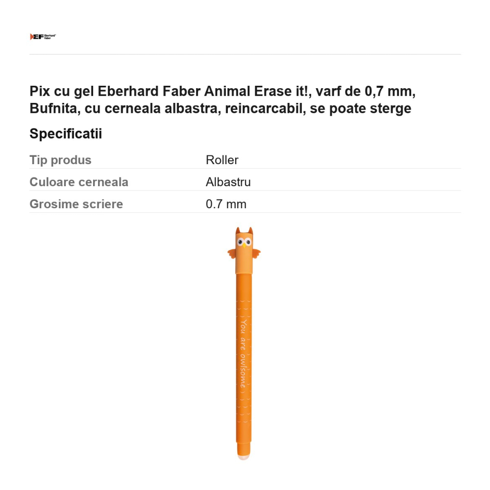 Pix cu gel Eberhard Faber Animal Erase it!, varf de 0,7 mm, Bufnita, cu cerneala albastra, reincarcabil, se poate sterge [3]