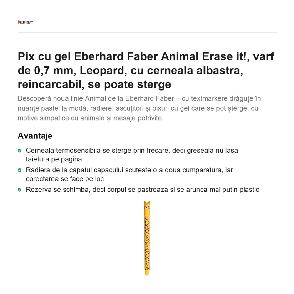 Pix cu gel Eberhard Faber Animal Erase it!, varf de 0,7 mm, Leopard, cu cerneala albastra, reincarcabil, se poate sterge [2]