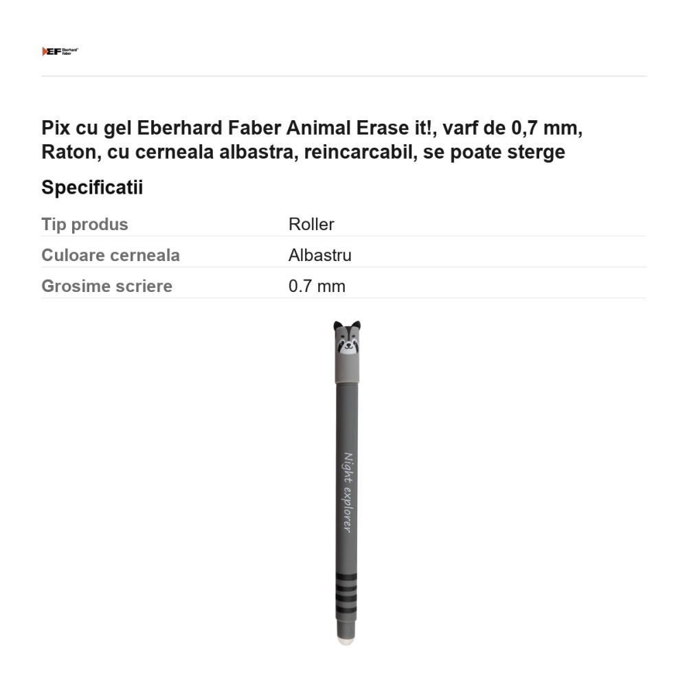 Pix cu gel Eberhard Faber Animal Erase it!, varf de 0,7 mm, Raton, cu cerneala albastra, reincarcabil, se poate sterge [3]