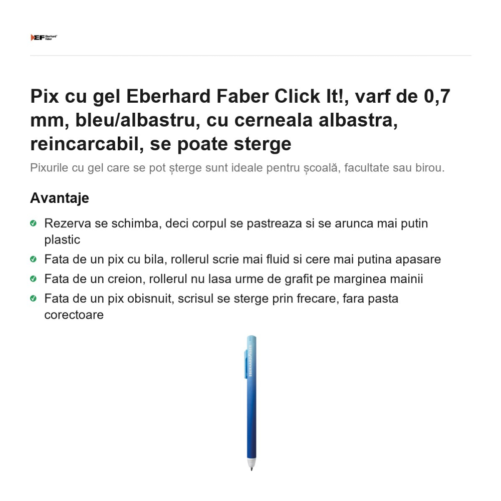 Pix cu gel Eberhard Faber Click It!, varf de 0,7 mm, bleu/albastru, cu cerneala albastra, reincarcabil, se poate sterge [2]
