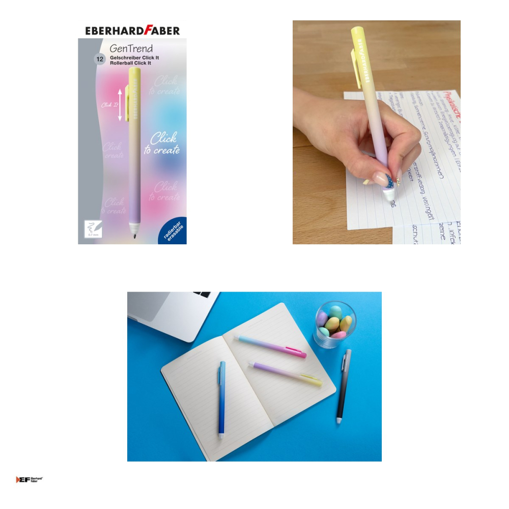 Pix cu gel Eberhard Faber Click It!, varf de 0,7 mm, galben/lila, cu cerneala albastra, reincarcabil, se poate sterge [4]