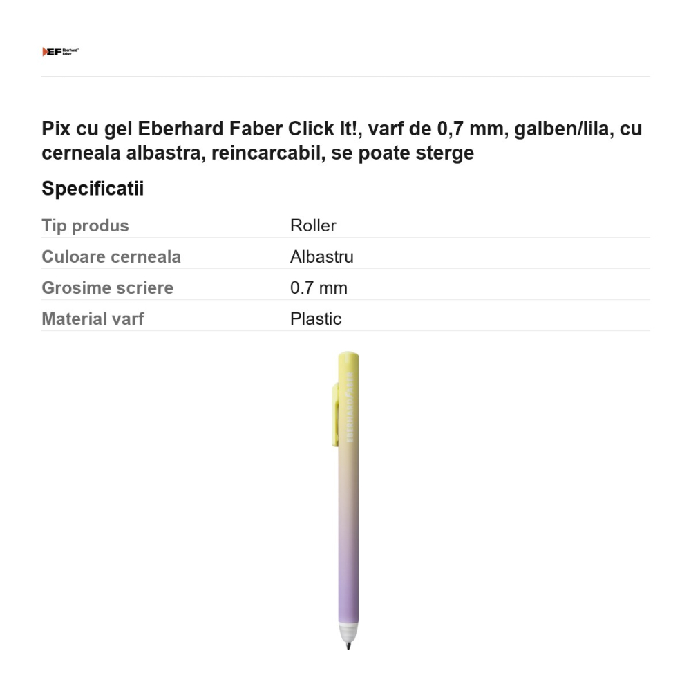 Pix cu gel Eberhard Faber Click It!, varf de 0,7 mm, galben/lila, cu cerneala albastra, reincarcabil, se poate sterge [3]