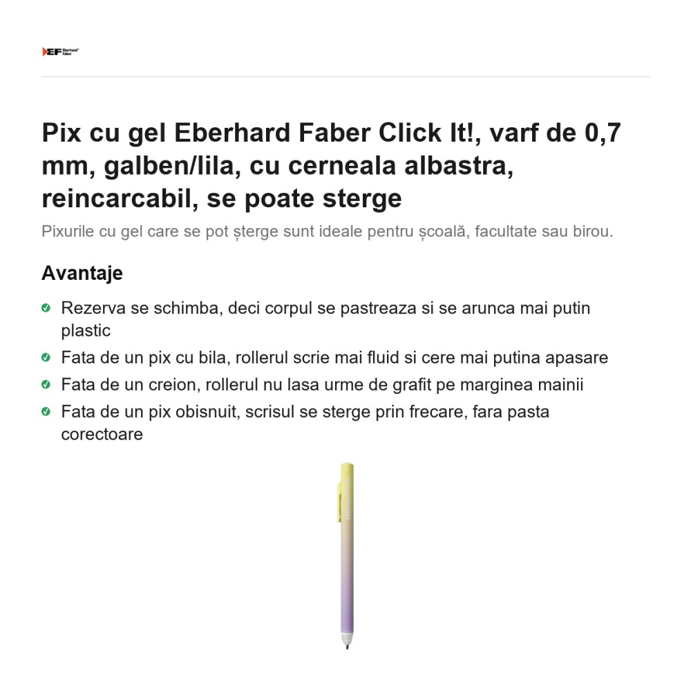 Pix cu gel Eberhard Faber Click It!, varf de 0,7 mm, galben/lila, cu cerneala albastra, reincarcabil, se poate sterge [2]