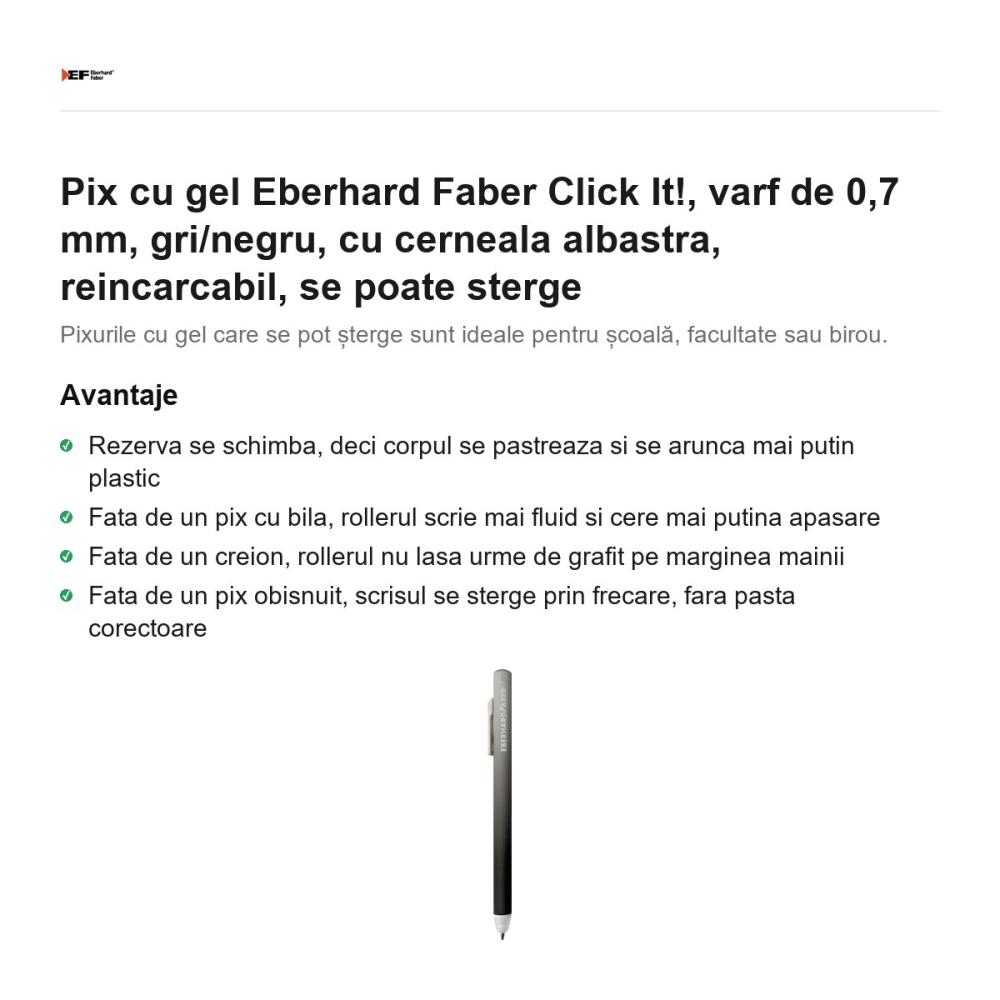 Pix cu gel Eberhard Faber Click It!, varf de 0,7 mm, gri/negru, cu cerneala albastra, reincarcabil, se poate sterge [2]