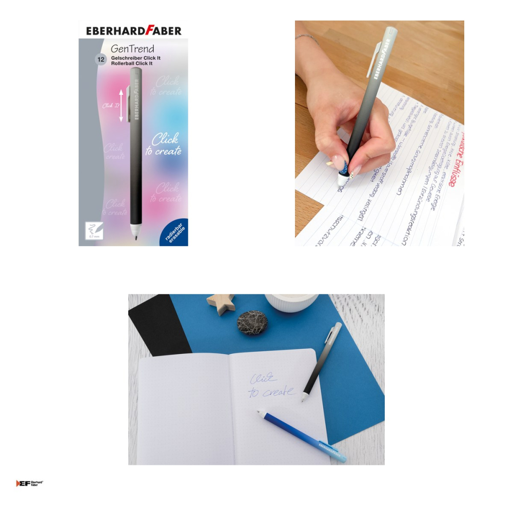 Pix cu gel Eberhard Faber Click It!, varf de 0,7 mm, gri/negru, cu cerneala albastra, reincarcabil, se poate sterge [4]