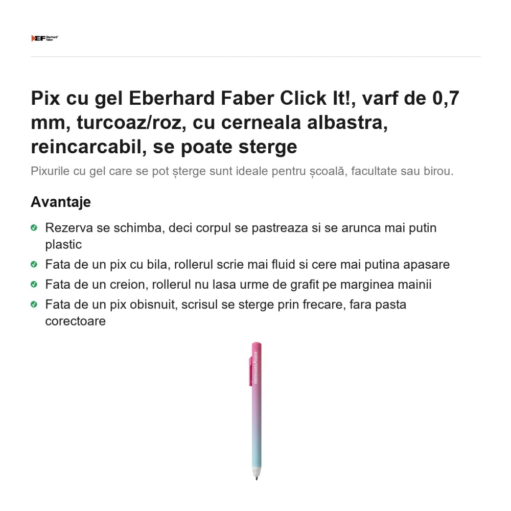 Pix cu gel Eberhard Faber Click It!, varf de 0,7 mm, turcoaz/roz, cu cerneala albastra, reincarcabil, se poate sterge [2]
