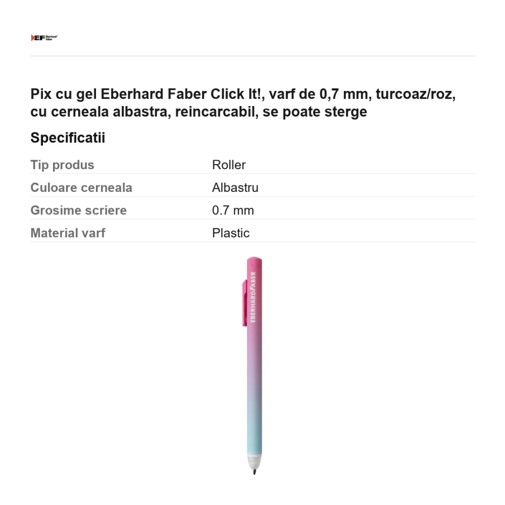 Pix cu gel Eberhard Faber Click It!, varf de 0,7 mm, turcoaz/roz, cu cerneala albastra, reincarcabil, se poate sterge [3]