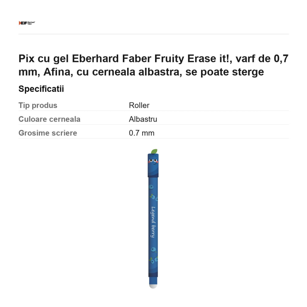 Pix cu gel Eberhard Faber Fruity Erase it!, varf de 0,7 mm, Afina, cu cerneala albastra, se poate sterge [3]