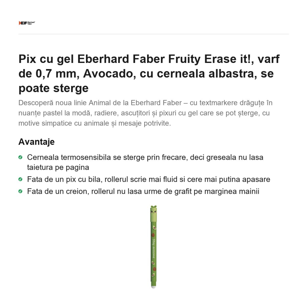 Pix cu gel Eberhard Faber Fruity Erase it!, varf de 0,7 mm, Avocado, cu cerneala albastra, se poate sterge [2]