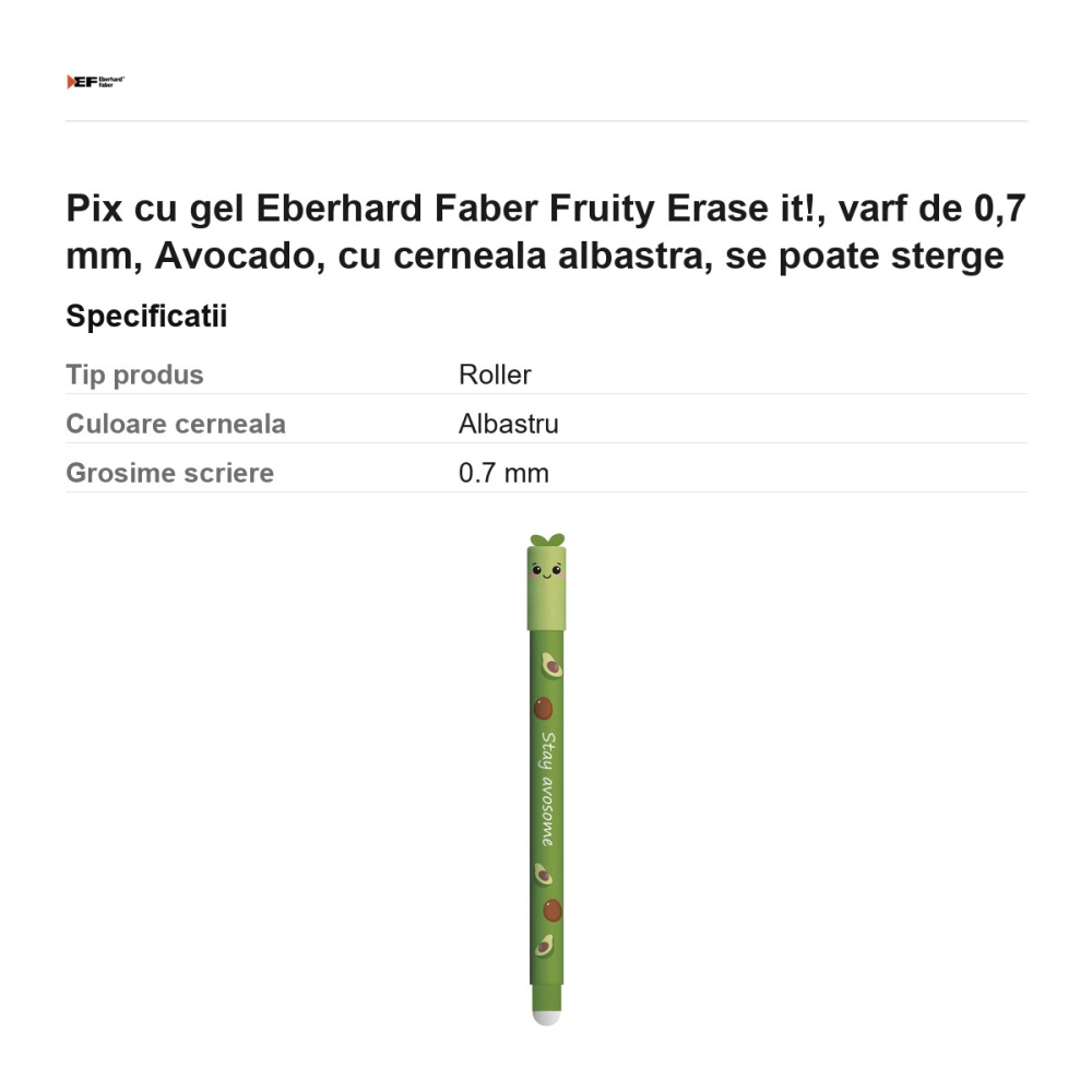 Pix cu gel Eberhard Faber Fruity Erase it!, varf de 0,7 mm, Avocado, cu cerneala albastra, se poate sterge [3]