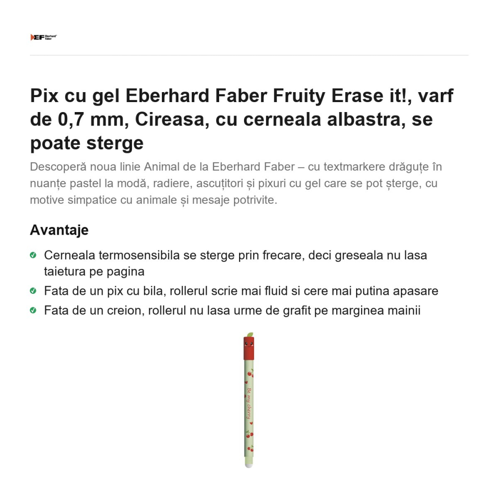 Pix cu gel Eberhard Faber Fruity Erase it!, varf de 0,7 mm, Cireasa, cu cerneala albastra, se poate sterge [2]