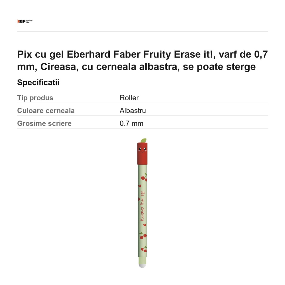 Pix cu gel Eberhard Faber Fruity Erase it!, varf de 0,7 mm, Cireasa, cu cerneala albastra, se poate sterge [3]