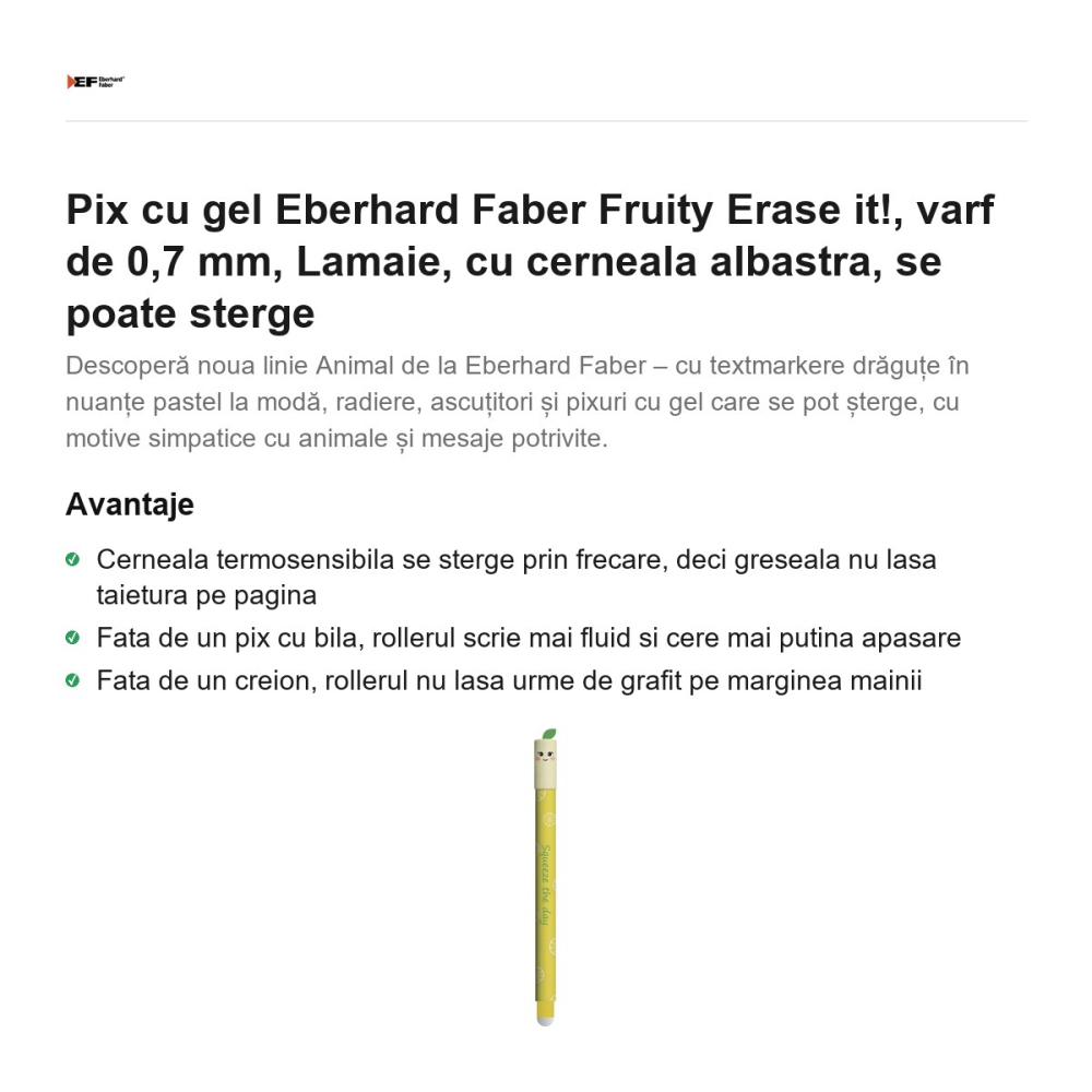 Pix cu gel Eberhard Faber Fruity Erase it!, varf de 0,7 mm, Lamaie, cu cerneala albastra, se poate sterge [2]