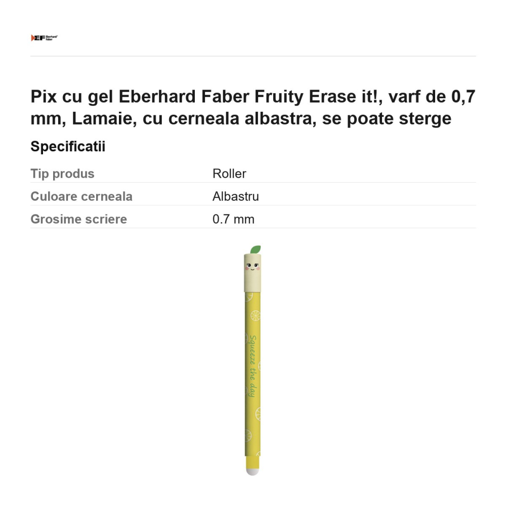 Pix cu gel Eberhard Faber Fruity Erase it!, varf de 0,7 mm, Lamaie, cu cerneala albastra, se poate sterge [3]