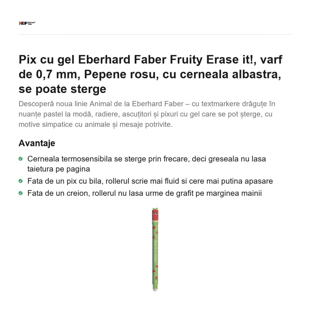 Pix cu gel Eberhard Faber Fruity Erase it!, varf de 0,7 mm, Pepene rosu, cu cerneala albastra, se poate sterge [2]