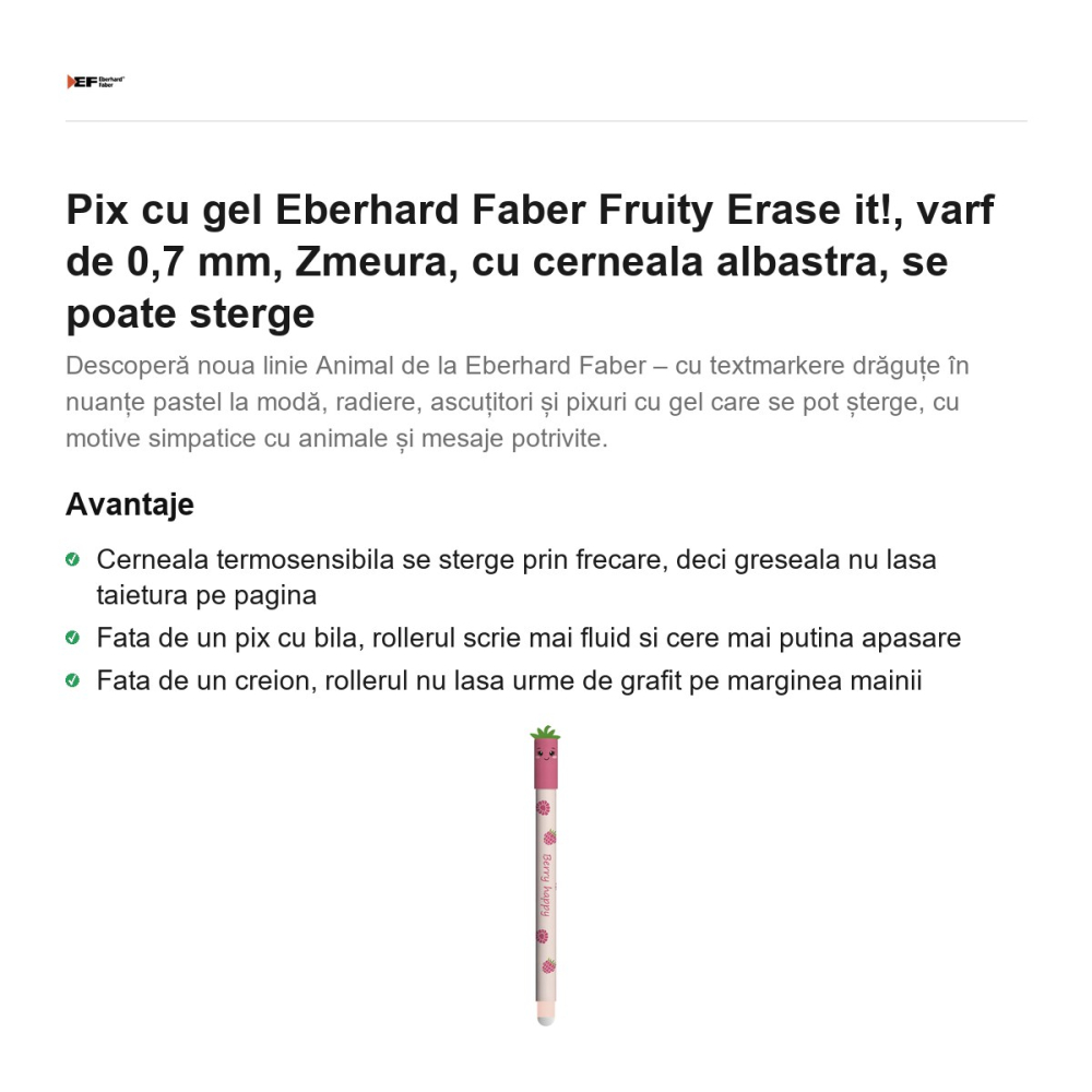 Pix cu gel Eberhard Faber Fruity Erase it!, varf de 0,7 mm, Zmeura, cu cerneala albastra, se poate sterge [2]