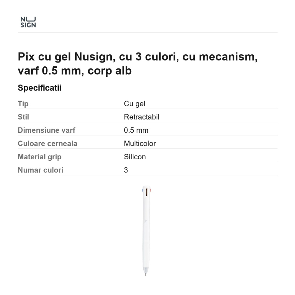 Pix cu gel Nusign, cu 3 culori, cu mecanism, varf 0.5 mm, corp alb [3]