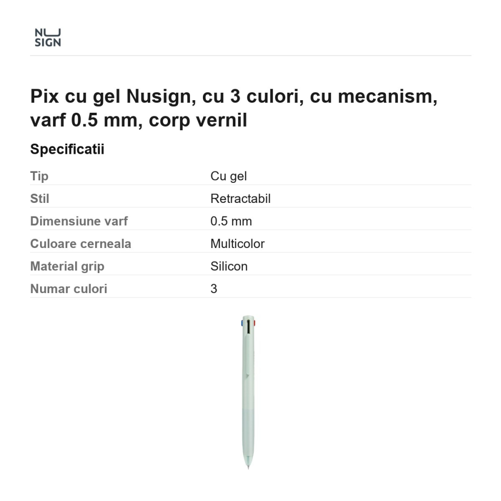 Pix cu gel Nusign, cu 3 culori, cu mecanism, varf 0.5 mm, corp vernil [3]