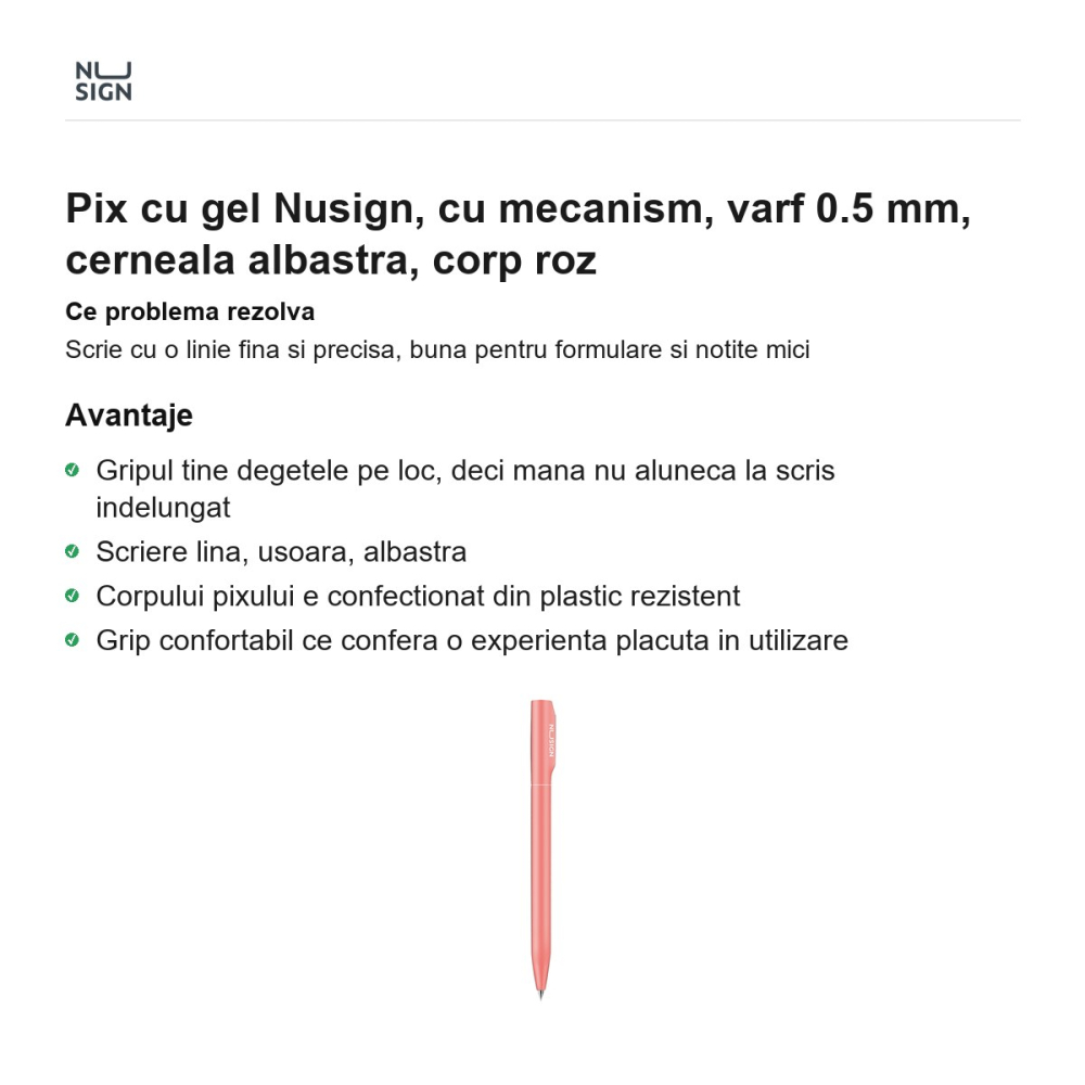 Pix cu gel Nusign, cu mecanism, varf 0.5 mm, cerneala albastra, corp roz [2]
