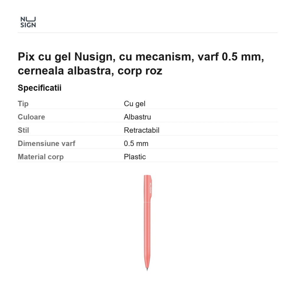 Pix cu gel Nusign, cu mecanism, varf 0.5 mm, cerneala albastra, corp roz [3]