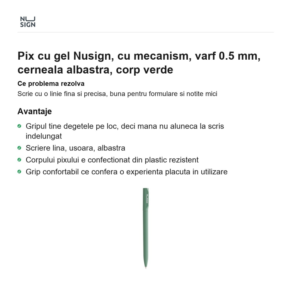 Pix cu gel Nusign, cu mecanism, varf 0.5 mm, cerneala albastra, corp verde [2]
