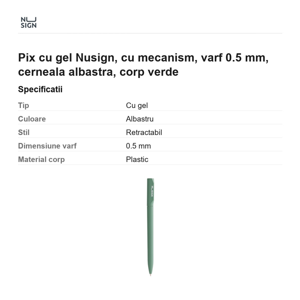 Pix cu gel Nusign, cu mecanism, varf 0.5 mm, cerneala albastra, corp verde [3]
