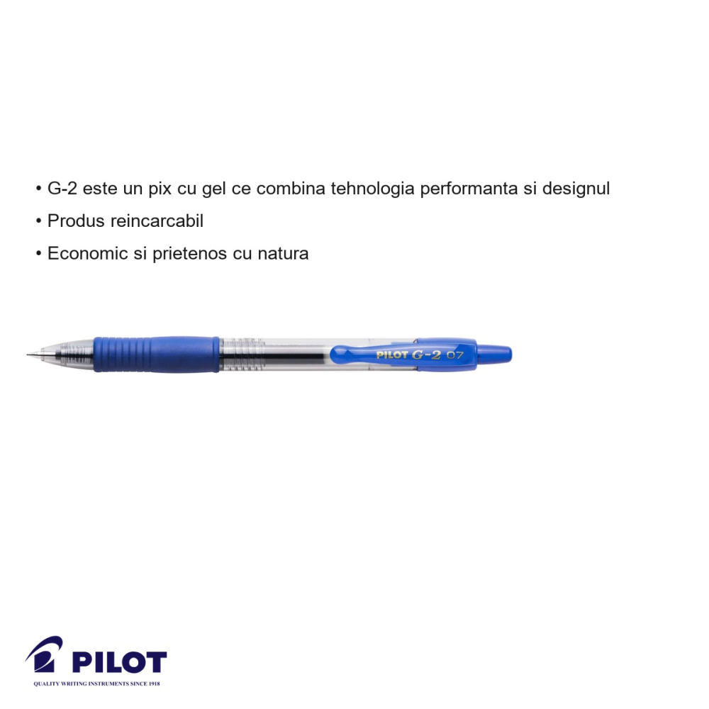 Pix cu gel retractabil Pilot G2, varf 0.7mm, cerneala albastra, ergonomic, pentru birou si scoala [3]