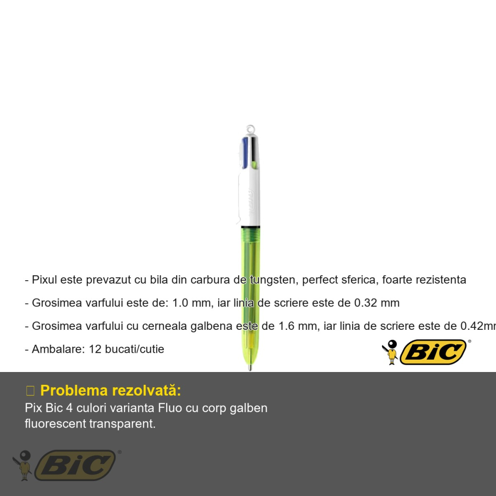 Pix cu mecanism 4 culori Bic 4 Colour Fluo, varf 1.0 mm, cerneala cu uscare rapida, pentru birou si scoala [2]