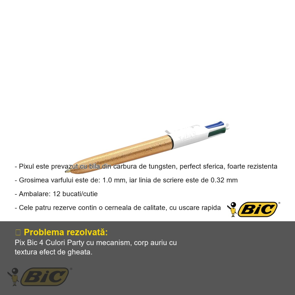 Pix cu mecanism 4 culori Bic Party, corp auriu cu efect de gheata, scriere 1.0 mm [2]