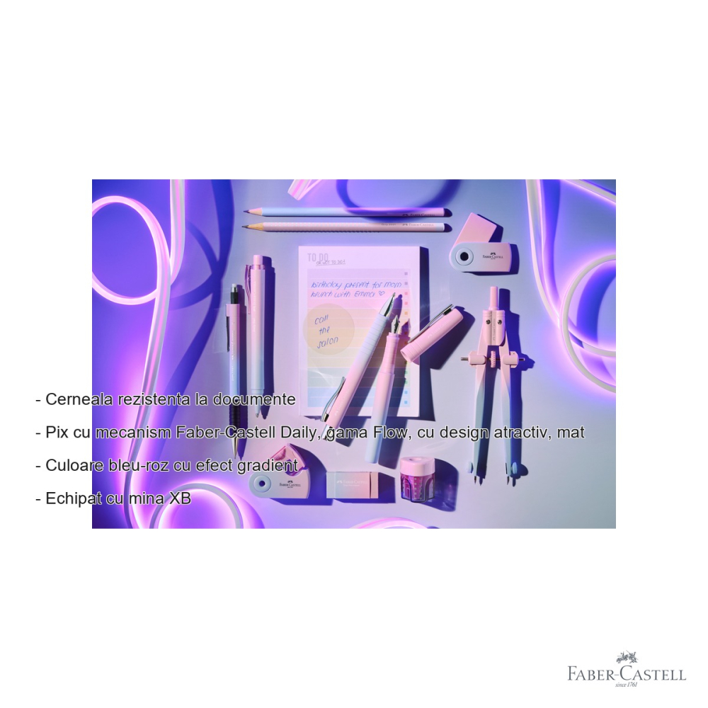 Pix cu mecanism Faber-Castell Flow Daily, mina XB, culoare bleu-roz gradient, scriere albastra [2]