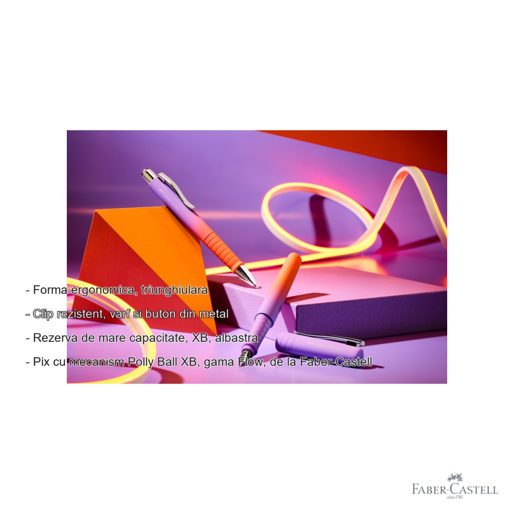 Pix cu mecanism Faber-Castell Flow Poly Ball XB, culoare violet-portocaliu gradient, scriere alba, varf extralatit [2]