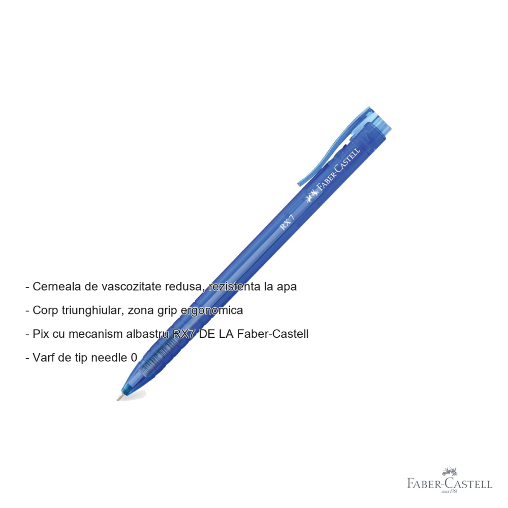 Pix cu mecanism Faber-Castell RX7, cerneala albastra rezistenta la apa, varf needle 0.7 mm, corp ergonomic triunghiular [2]
