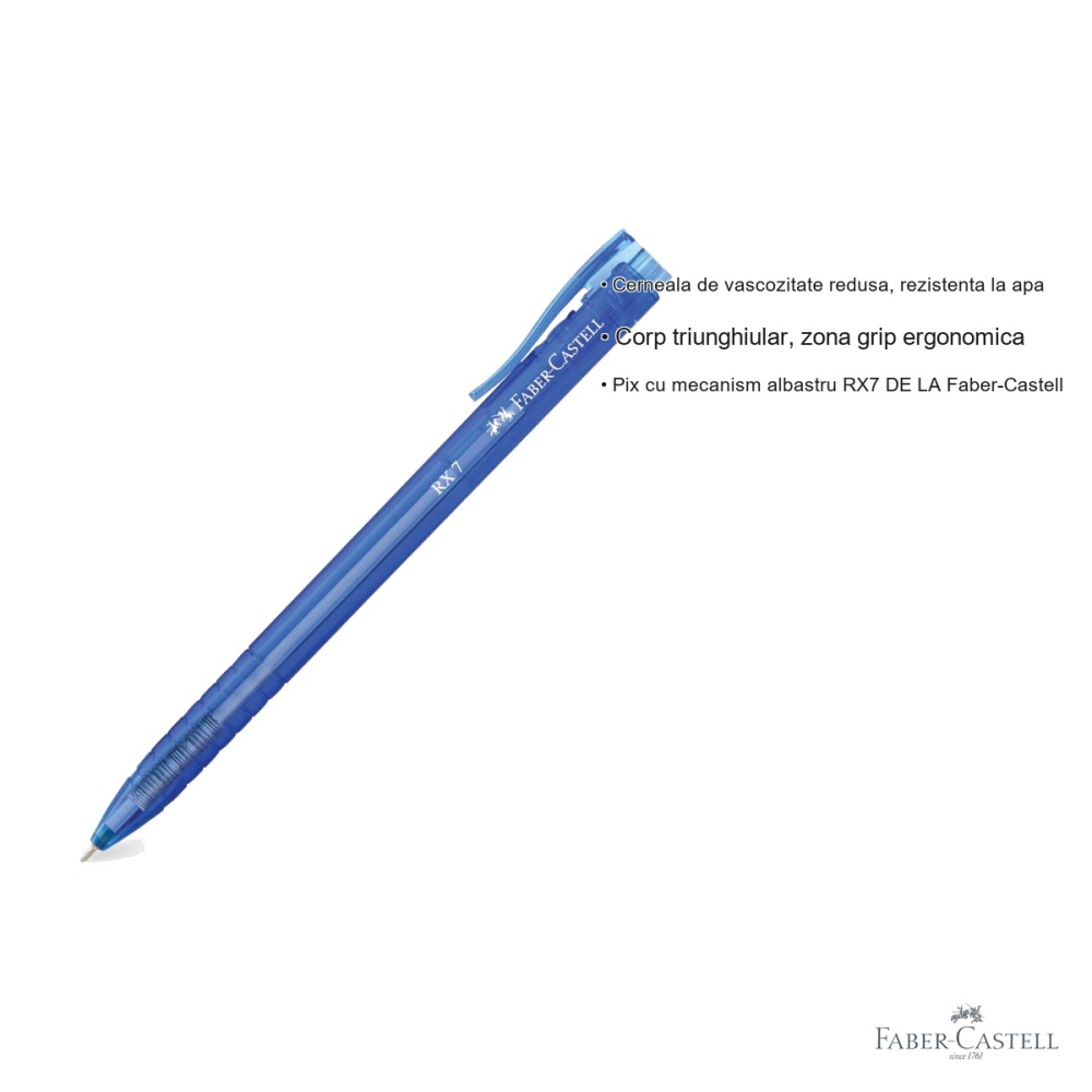 Pix cu mecanism Faber-Castell RX7, cerneala albastra rezistenta la apa, varf needle 0.7 mm, corp ergonomic triunghiular [3]
