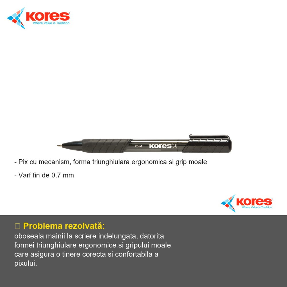 Pix cu mecanism Kores K6, varf fin 0.7 mm, forma triunghiulara ergonomica, cerneala neagra [2]