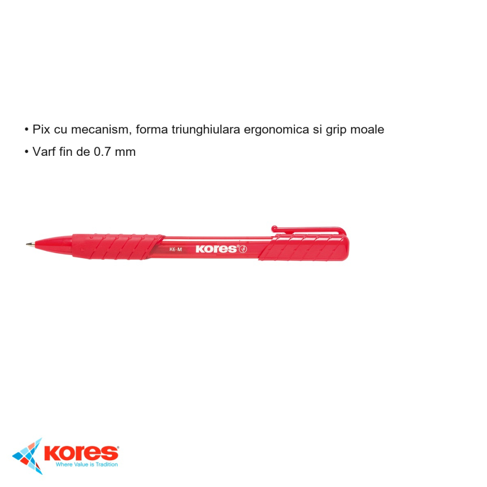 Pix cu mecanism Kores K6, varf fin 0.7 mm, forma triunghiulara ergonomica, cerneala rosie [3]