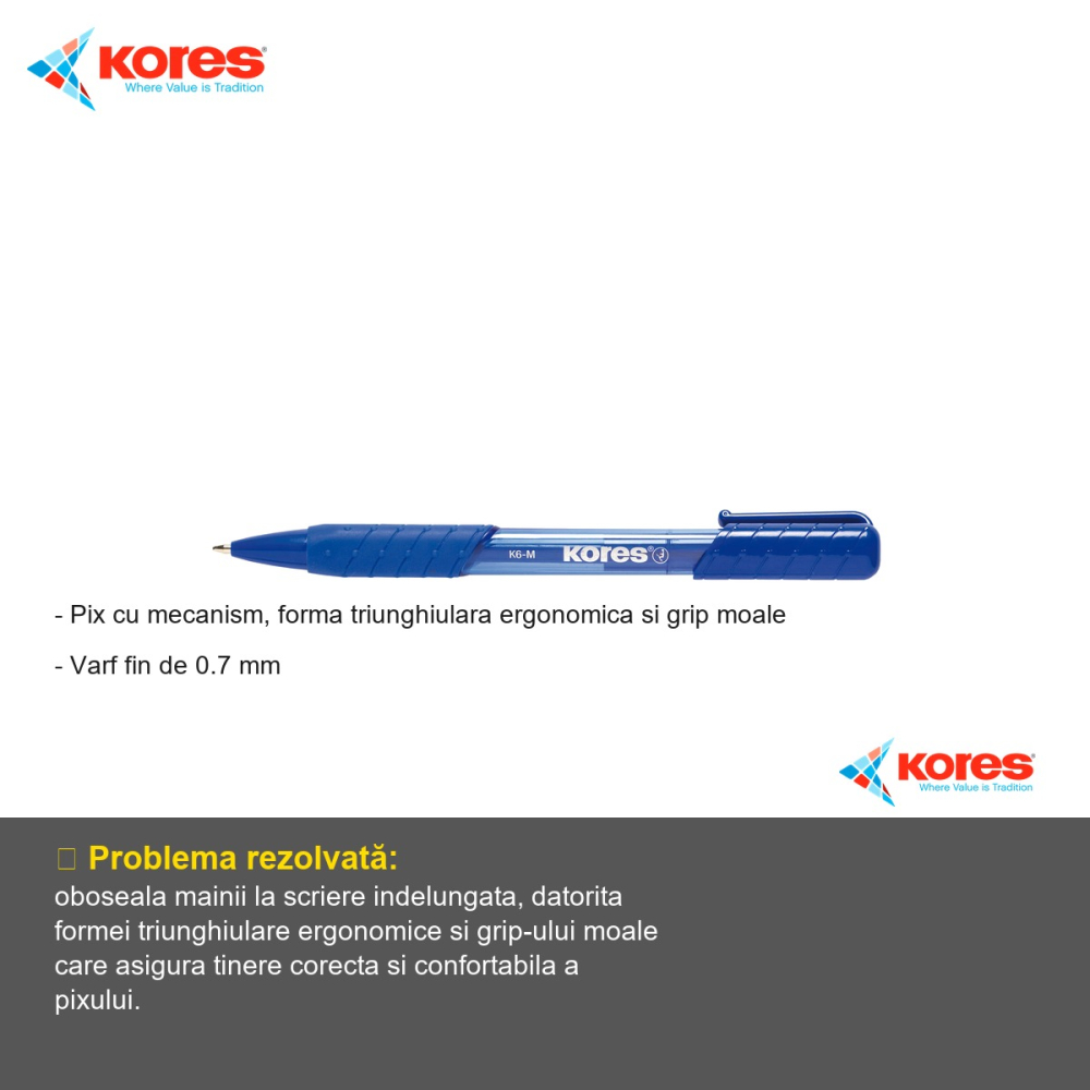 Pix cu mecanism Kores K6, varf fin 0.7 mm, forma triunghiulara ergonomica, scriere albastra [2]